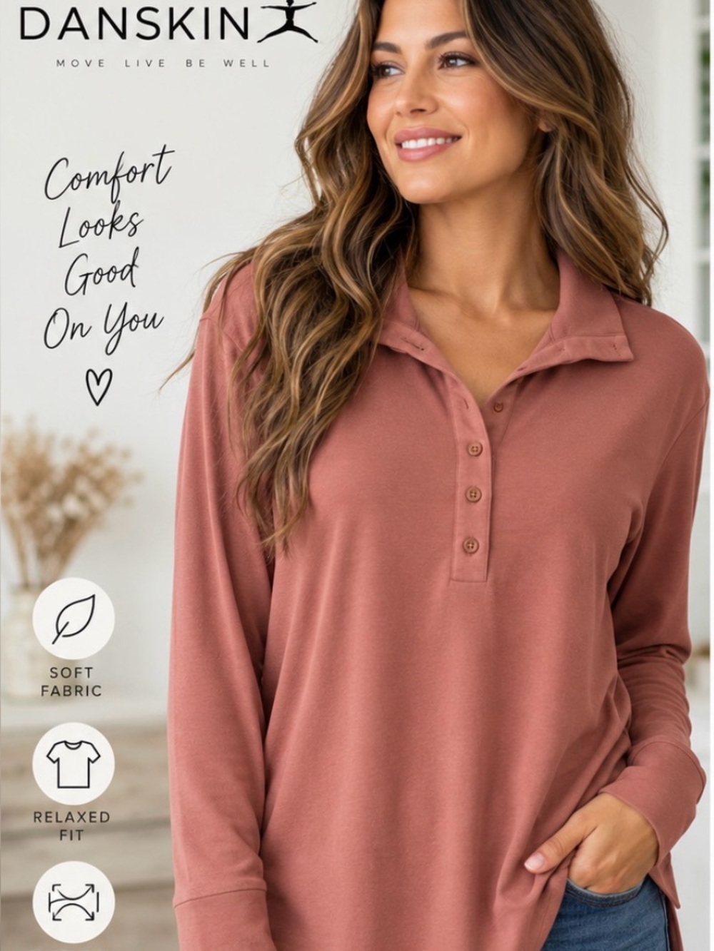 Danskin Women’s Long Sleeve Henley Top – Size M – Dusty Rose – NWOT